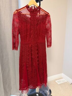 chinese dress ladies Sheer Lace Fishtail Gown in Cherry Red - 14